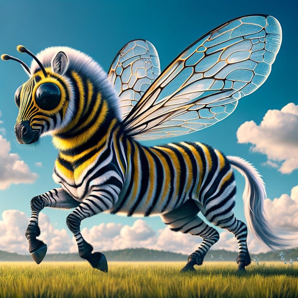 Vibrant Zebra-Bumblebee Hybrid Emerges in Serene Open Field