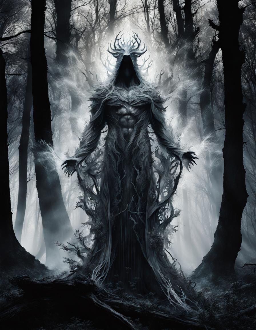 Ghostly God Silhouette in Entangled Forest