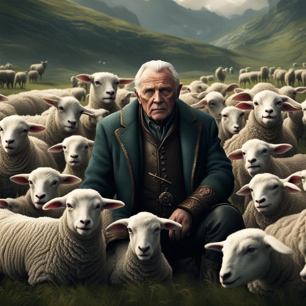 Anthony Hopkins Surrounded by Lambs: Detailed Matte Painting