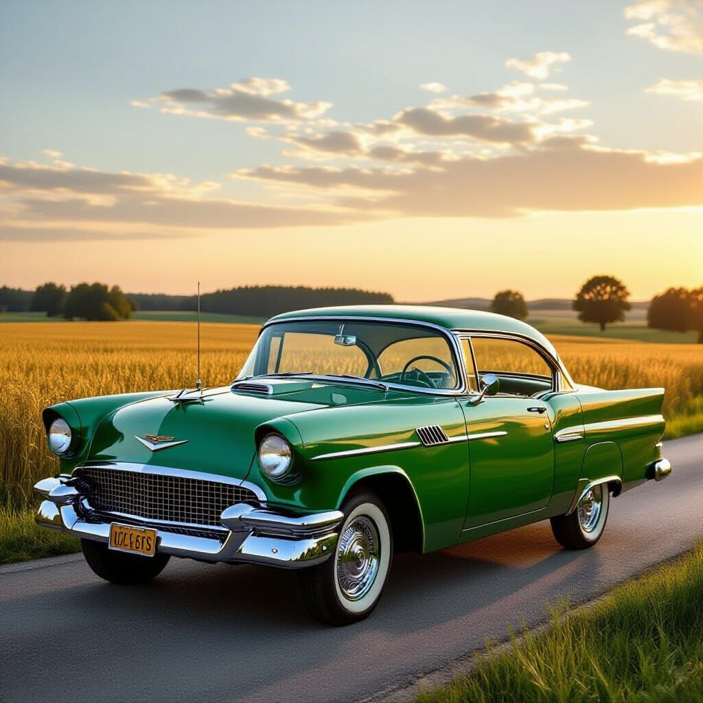 Classic 1950s Car on Country Road at Dusk