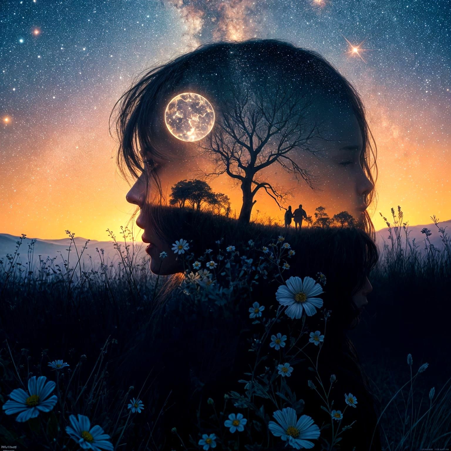 Double Exposure: Woman, Meadow, and Starry Sky