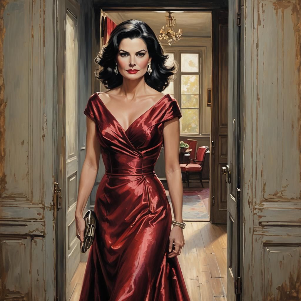 Sela Ward in Red Gown: Impressionistic Oil Painting
