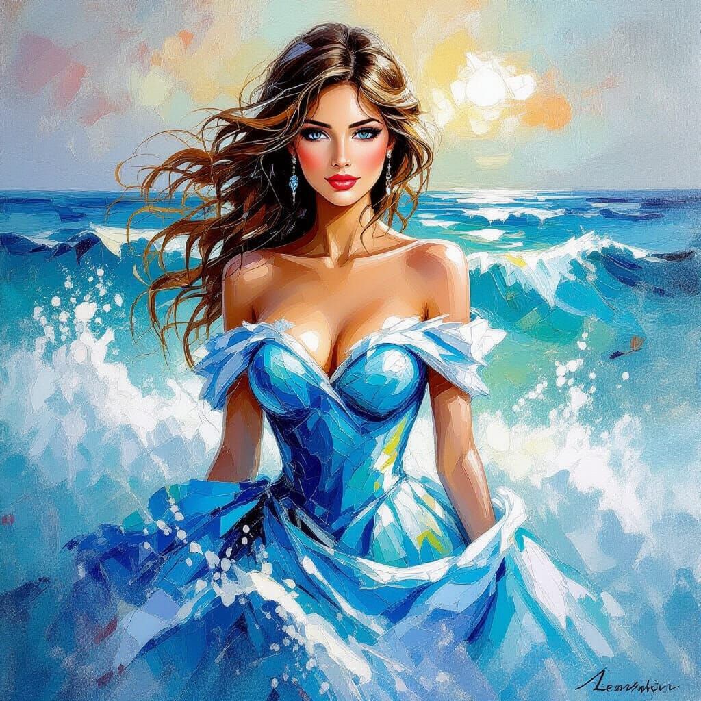 Woman Emerges from Sea: Vivid Palette Impasto Painting