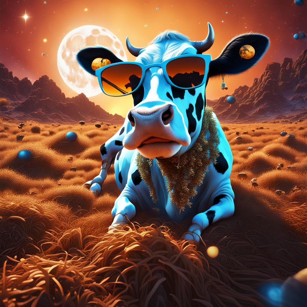 Cow on the Moon with Sunglasses, Detailed Matte Painting