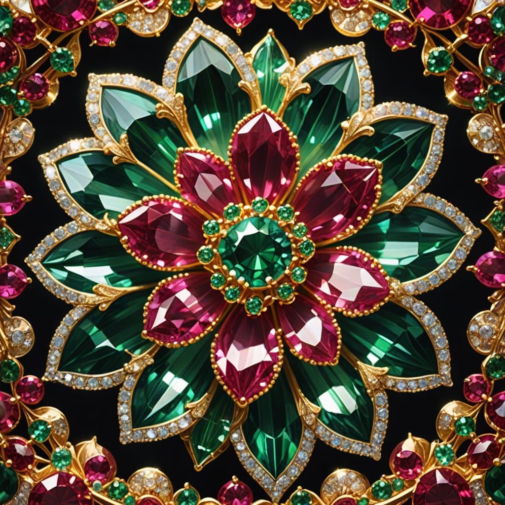 Sparkling Ruby Emerald Flower with Golden Filigree