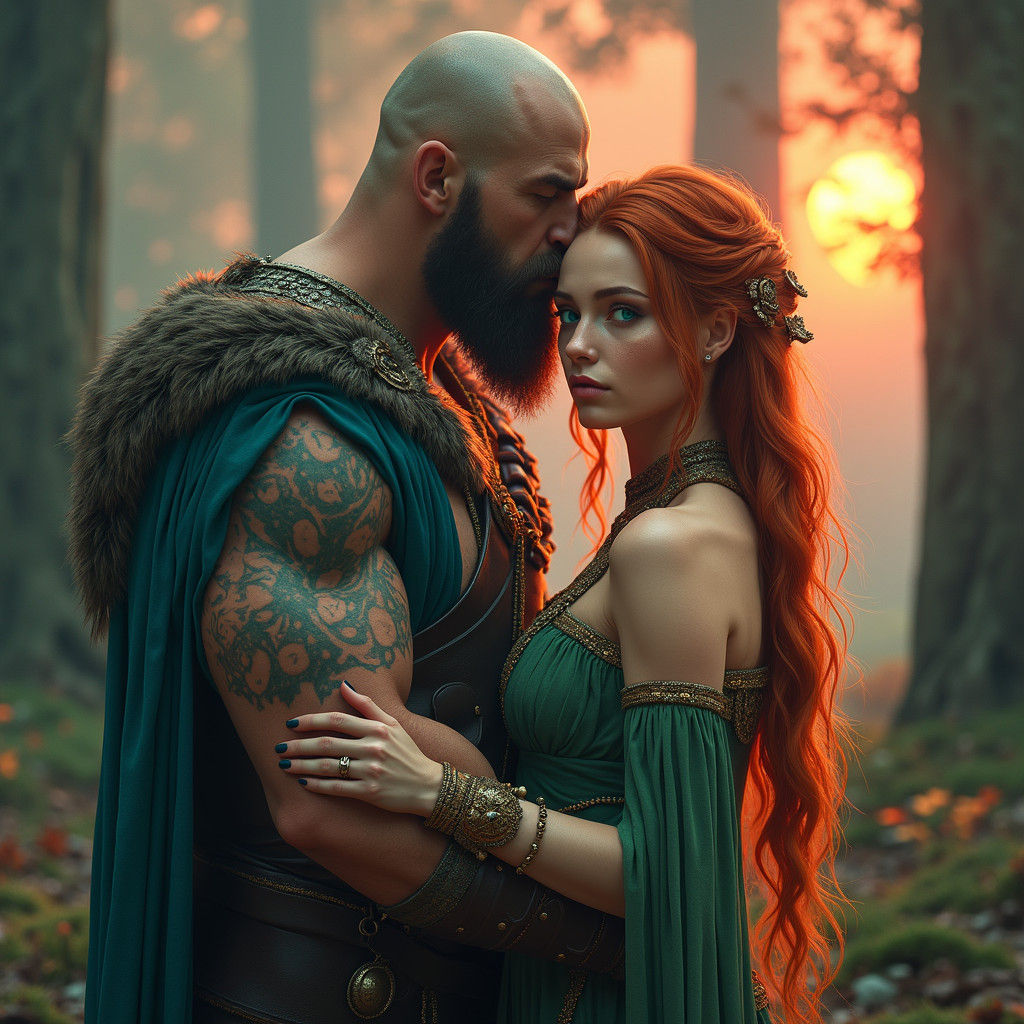 Viking Warrior Kiss in Surreal Forest Landscape
