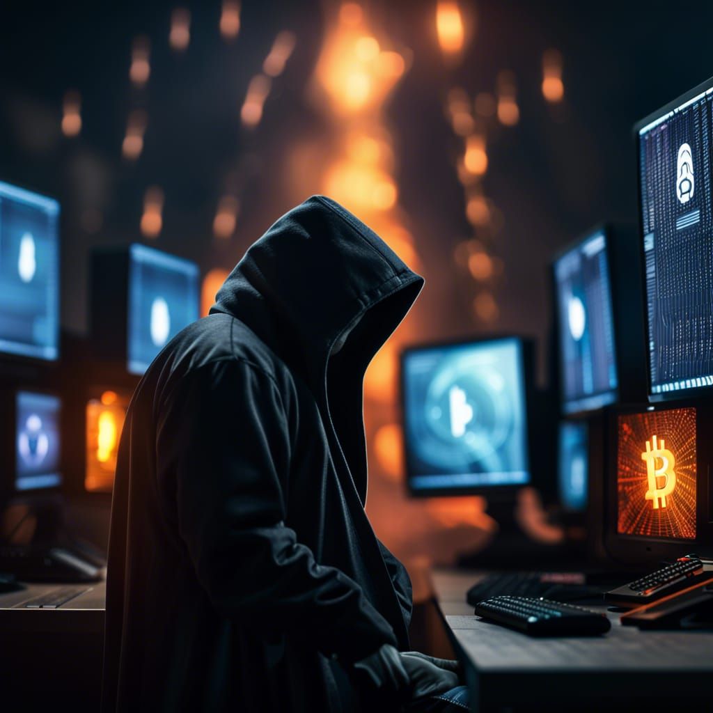 Hacker in Dark City with Bitcoin, Realistic Digital Art