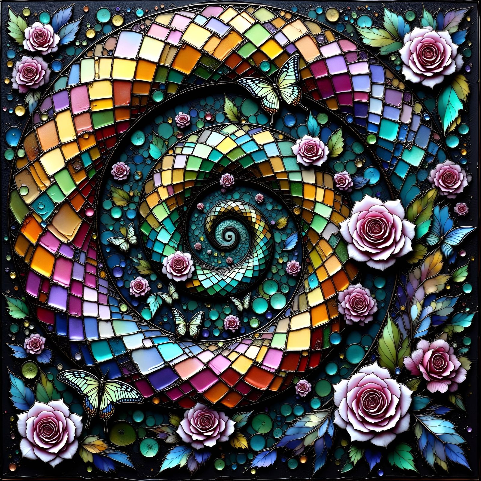 Kaleidoscopic Spiral with Emerald Butterflies and Roses
