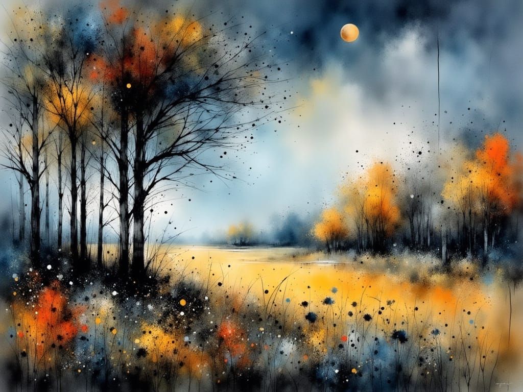 Gnarled Trees on Moorland's Edge Before Stormy Weather