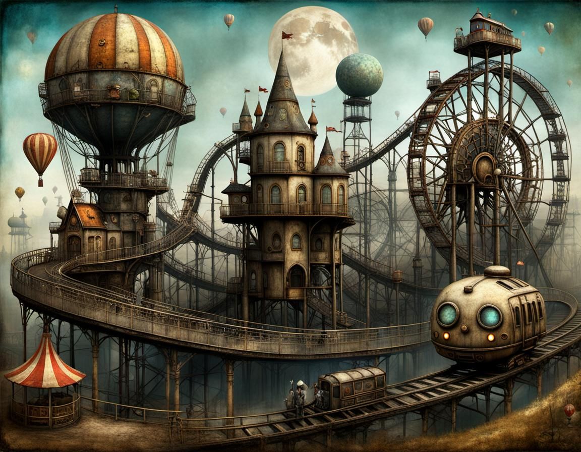 Surreal Amusement Park in Digital Art Style