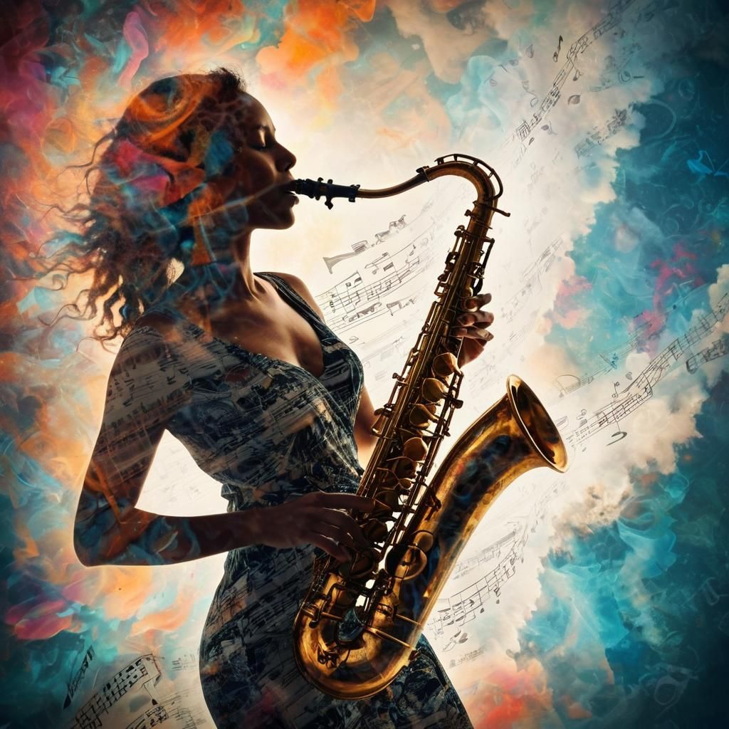 Saxophone Player in Double Exposure Dreamscape