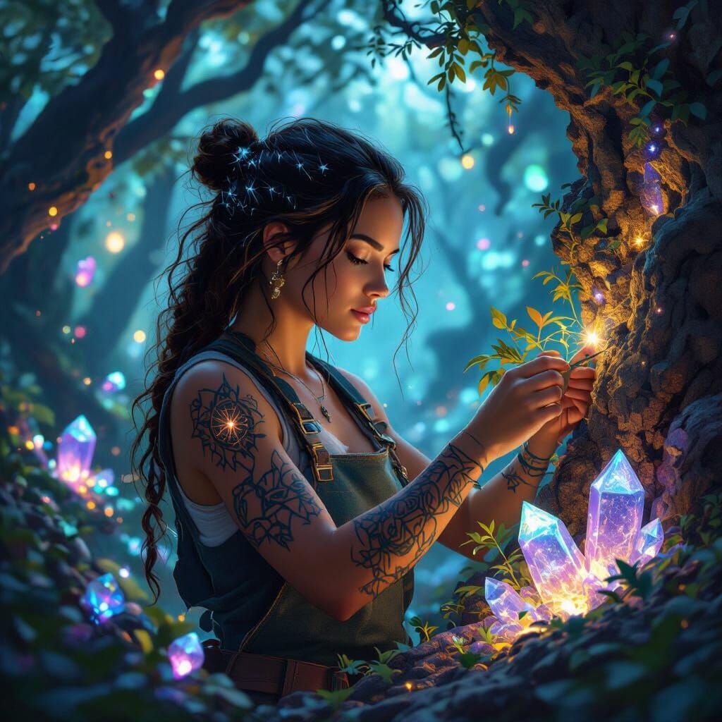 Arborist Tends Bioluminescent Trees in Nebula Forest