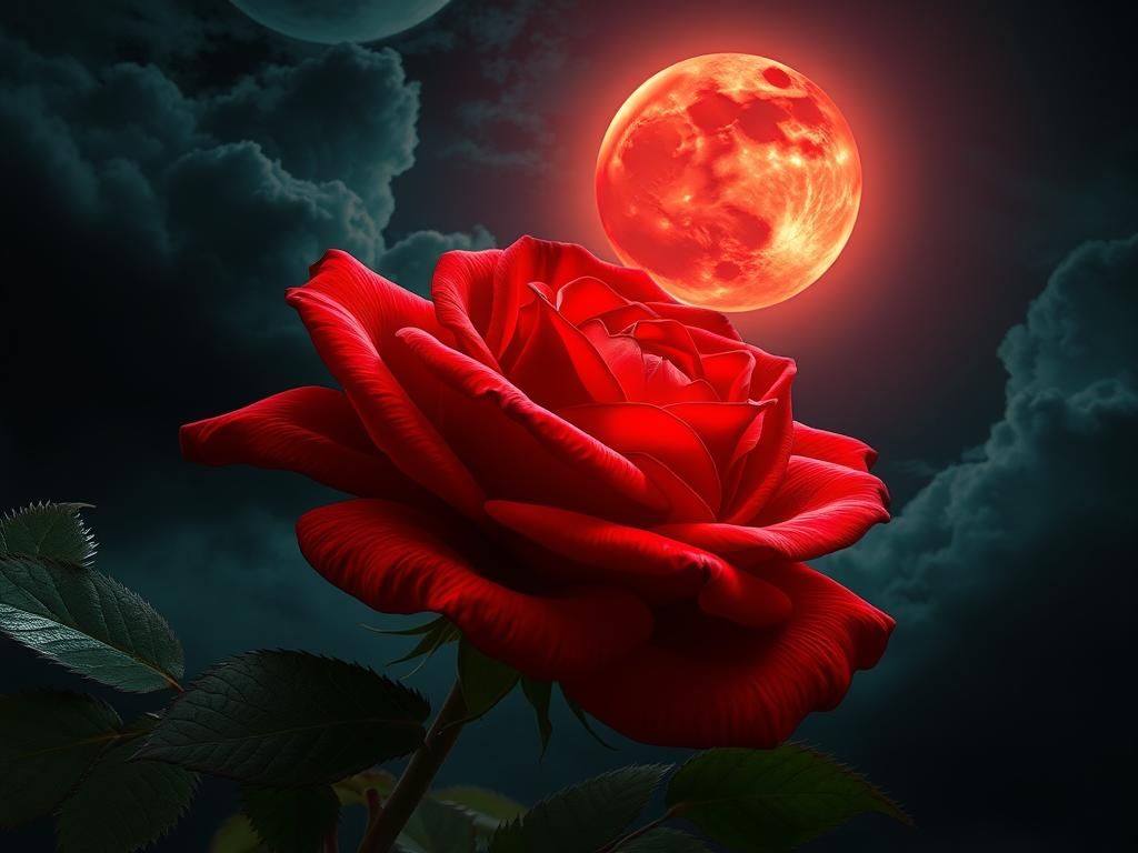 Rose and Fiery Moon in Astral Mysticism Style