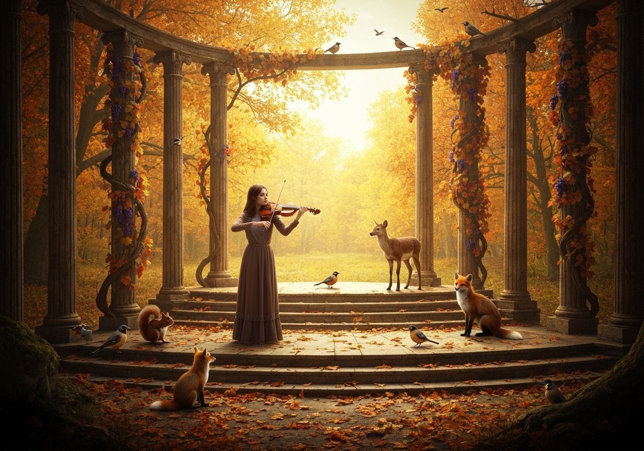 Autumnal Violinist in Abandoned Garden with Animals