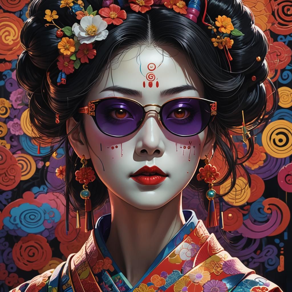 Geisha Portrait in Junji Ito Style with Vibrant Accents