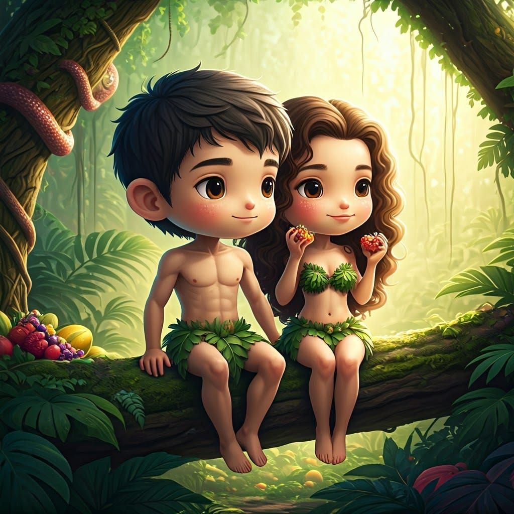 Chibi Adam and Eve in Primeval Rainforest
