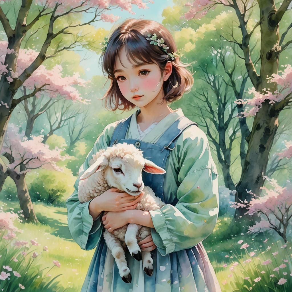 Girl with Lamb in Pastel Anime Watercolor