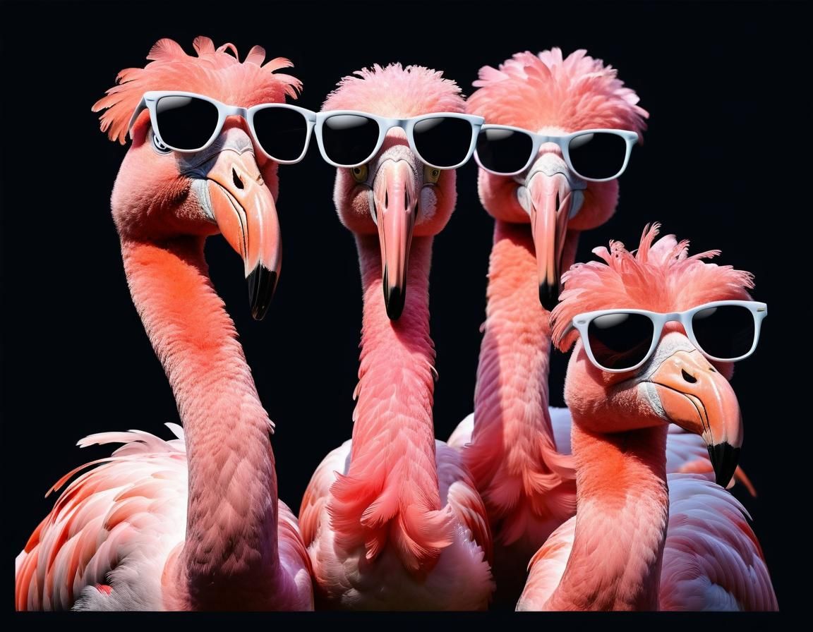 three drunken flamingos with ruffled feathers and sunglasses...