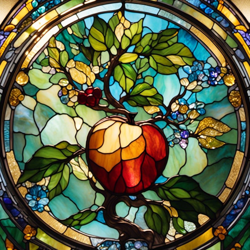 Stained Glass Apple: Fantasy Ink Style Art