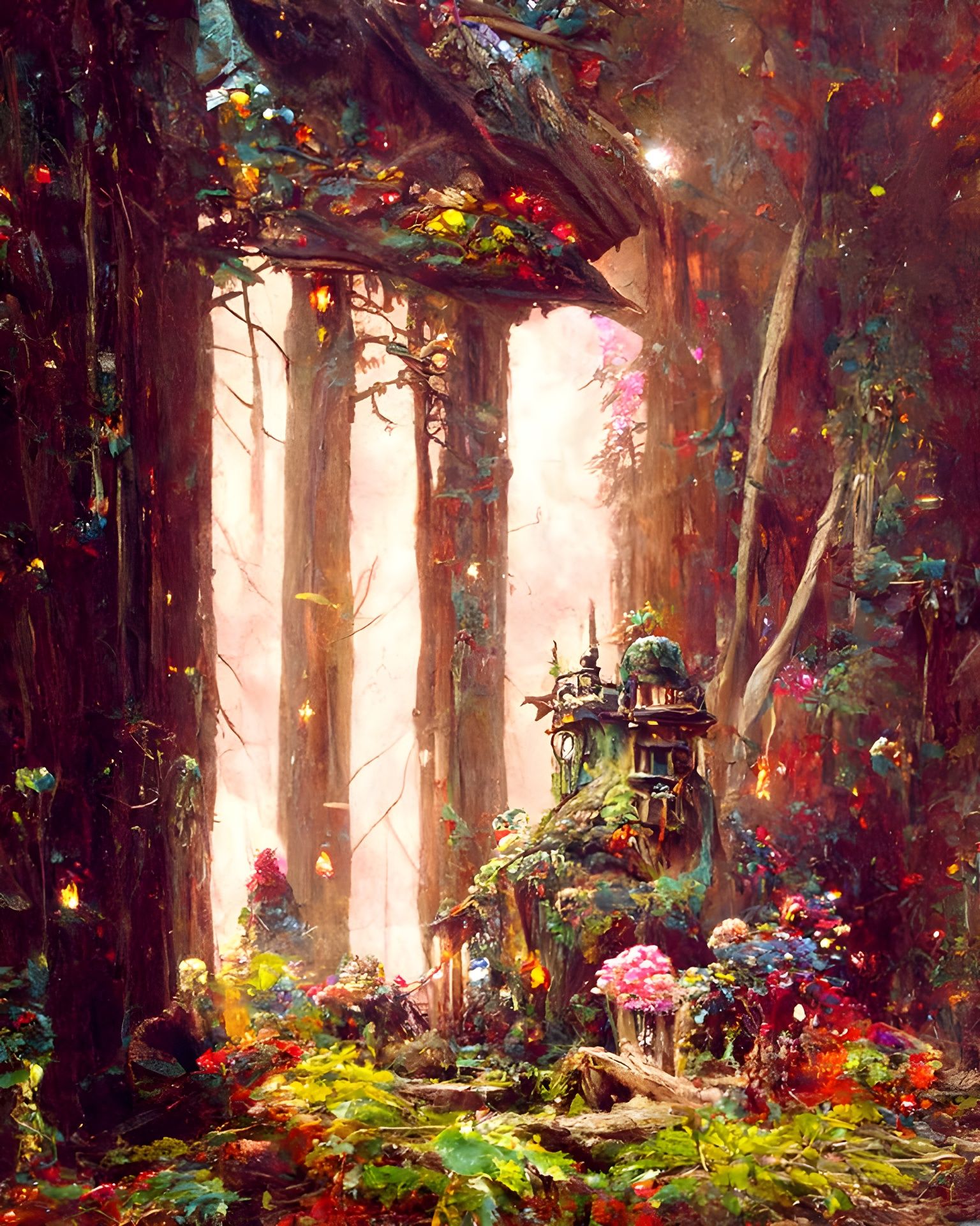 Magical Forest Cabin Shop with Auroras