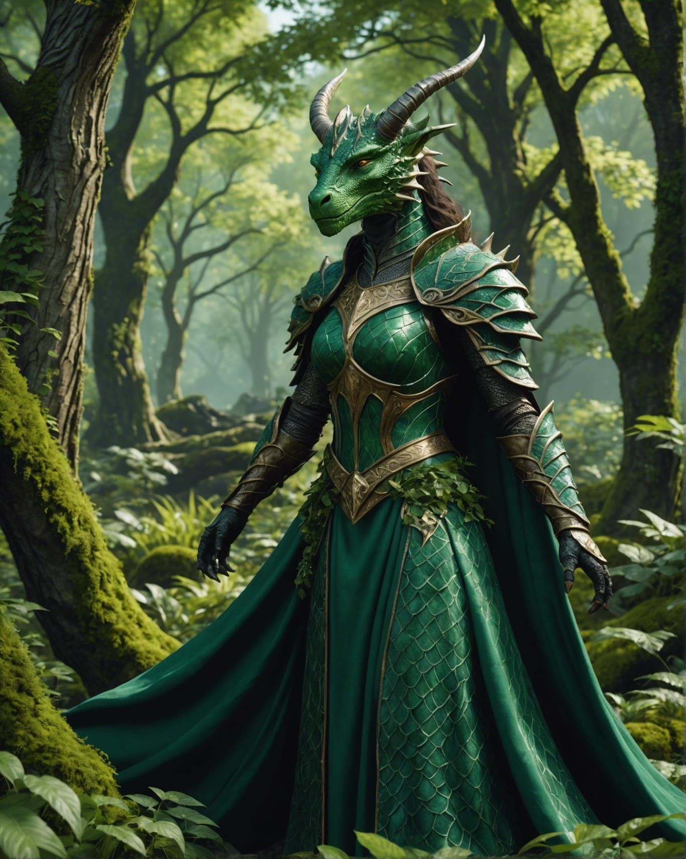 Green Dragonborn Druid in Lush Grove