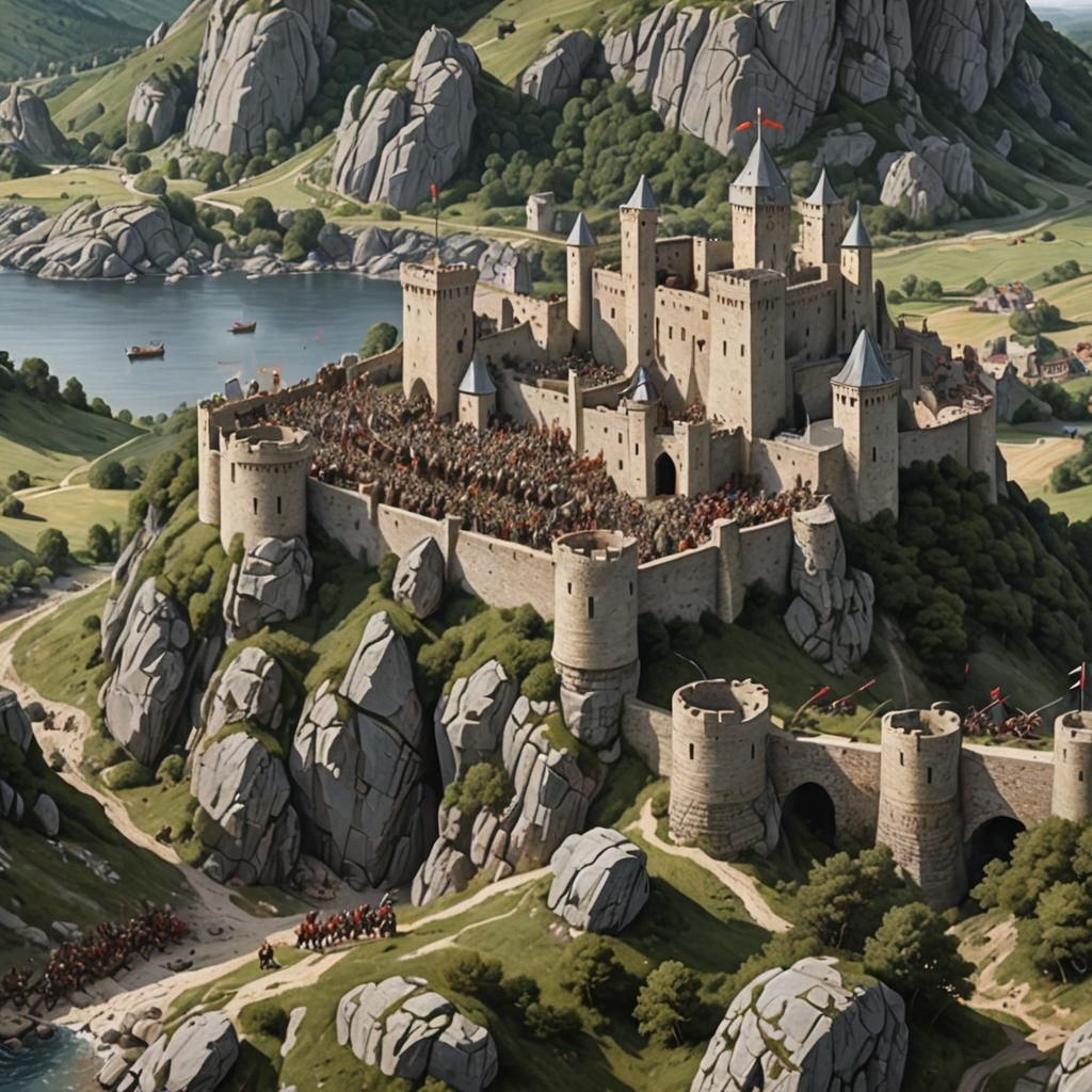 Medieval Army Sieges Distant Castle in Summer