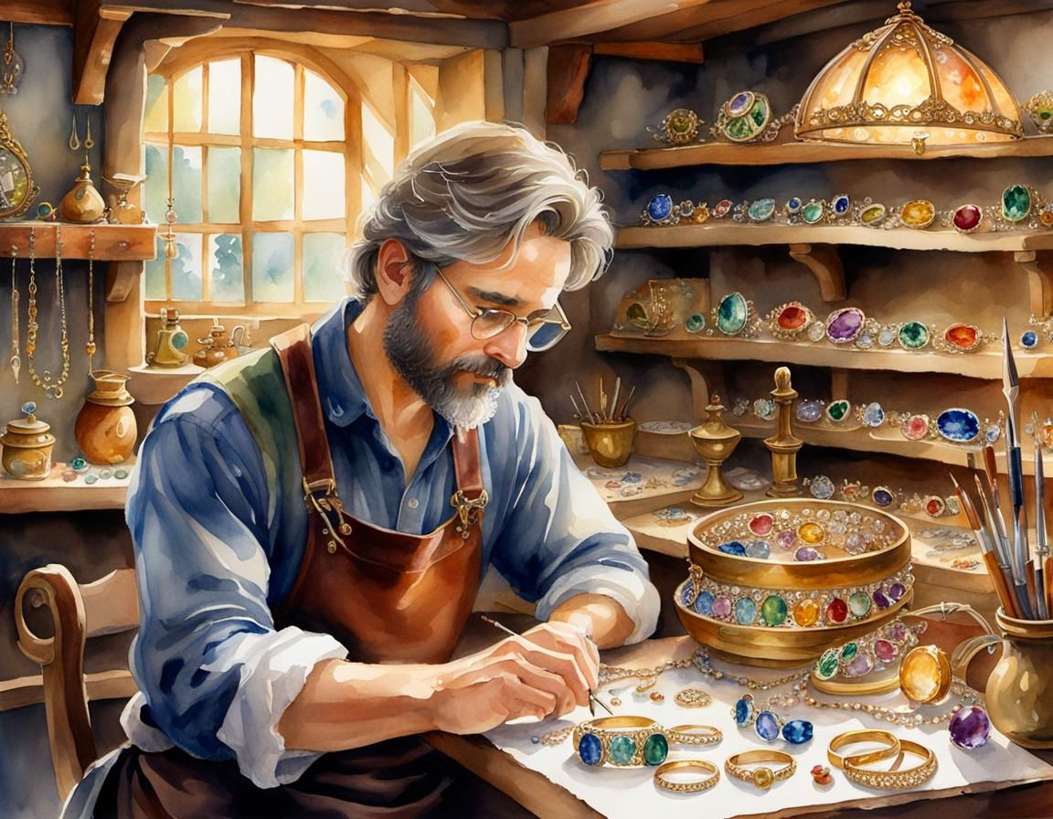 Jeweler Crafting Rings: A Watercolor Painting