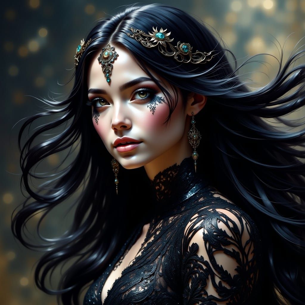 Elegant Sorceress in Rococo Metalwork, Digital Art