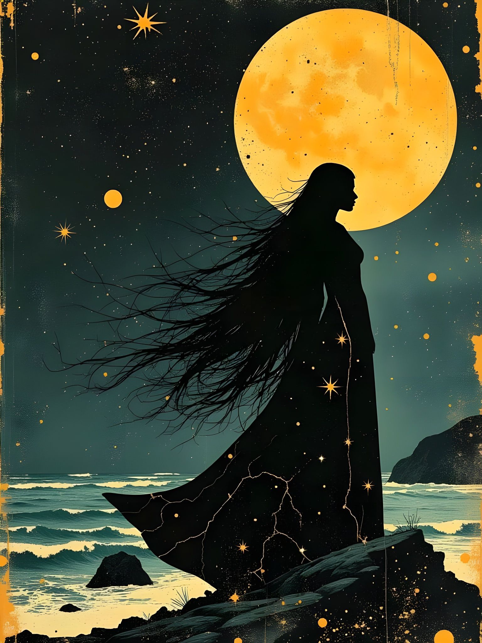 Celestial Woman Under Moonlight in Retro-Futurism Art