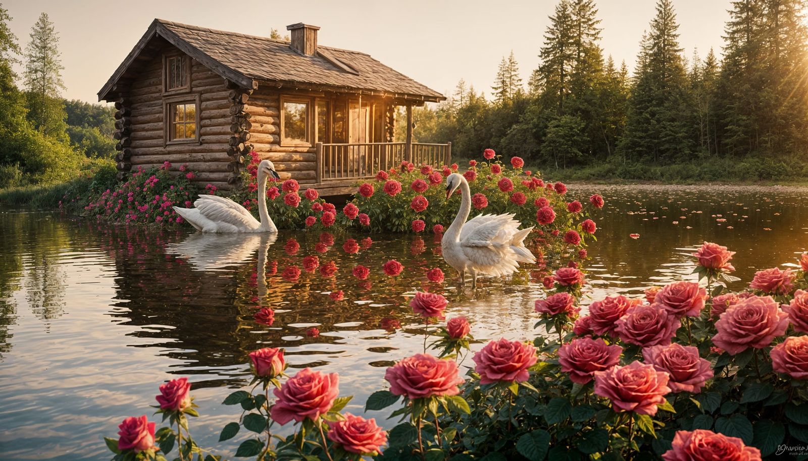 Rustic Log Cabin with Rose Garden, Cinematic Still