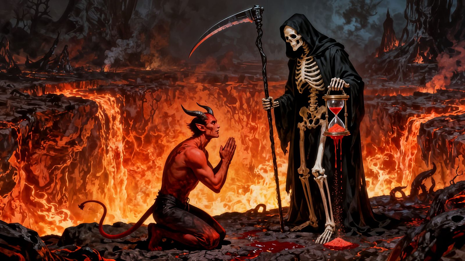 Devil Kneels Before Grim Reaper in Fiery Hell