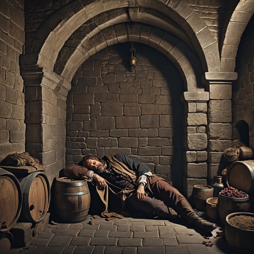 Romanesque Cellar with Sleeping Man in Shadow