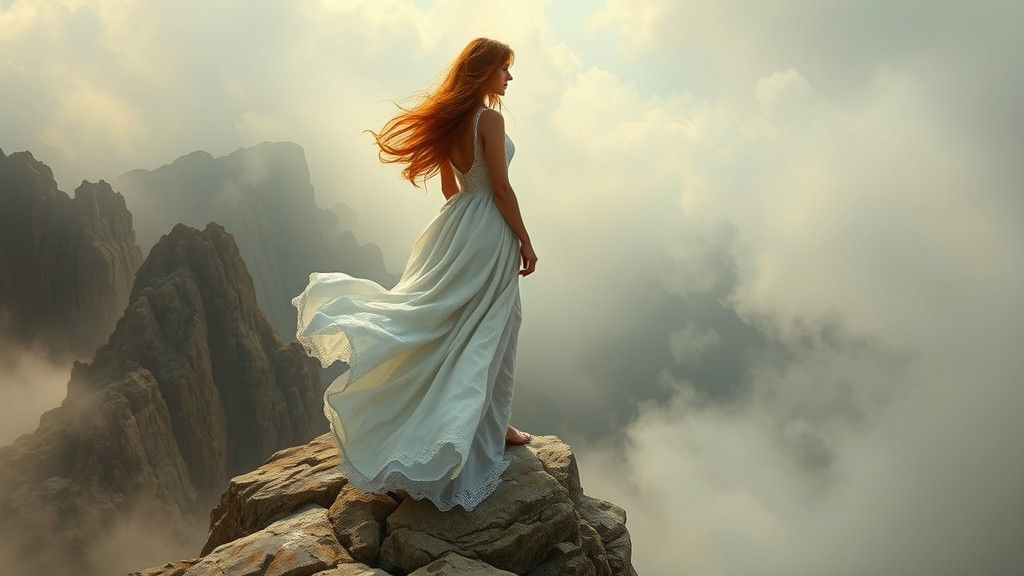 Woman on Windswept Cliff in Romantic Style