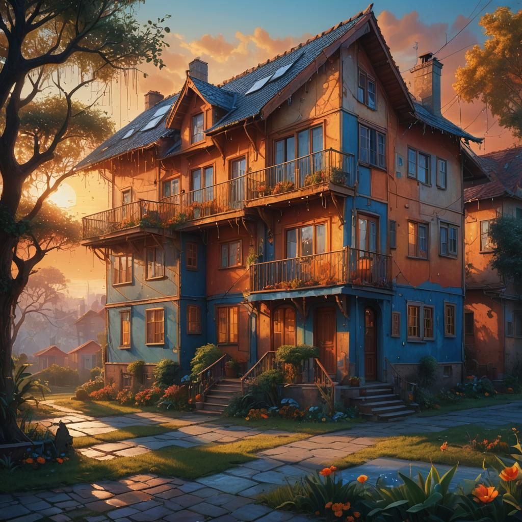 House at Sunrise: Vibrant Digital Matte Painting