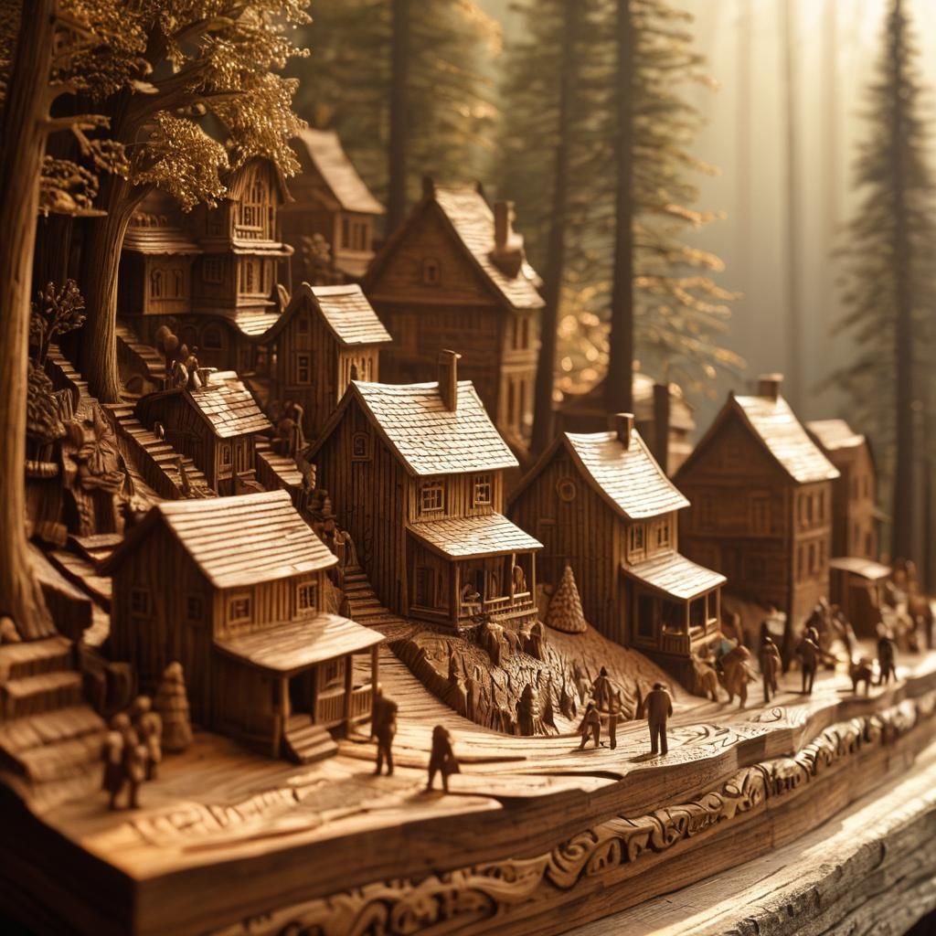 Intricate Wood Carved Village in Misty Forest