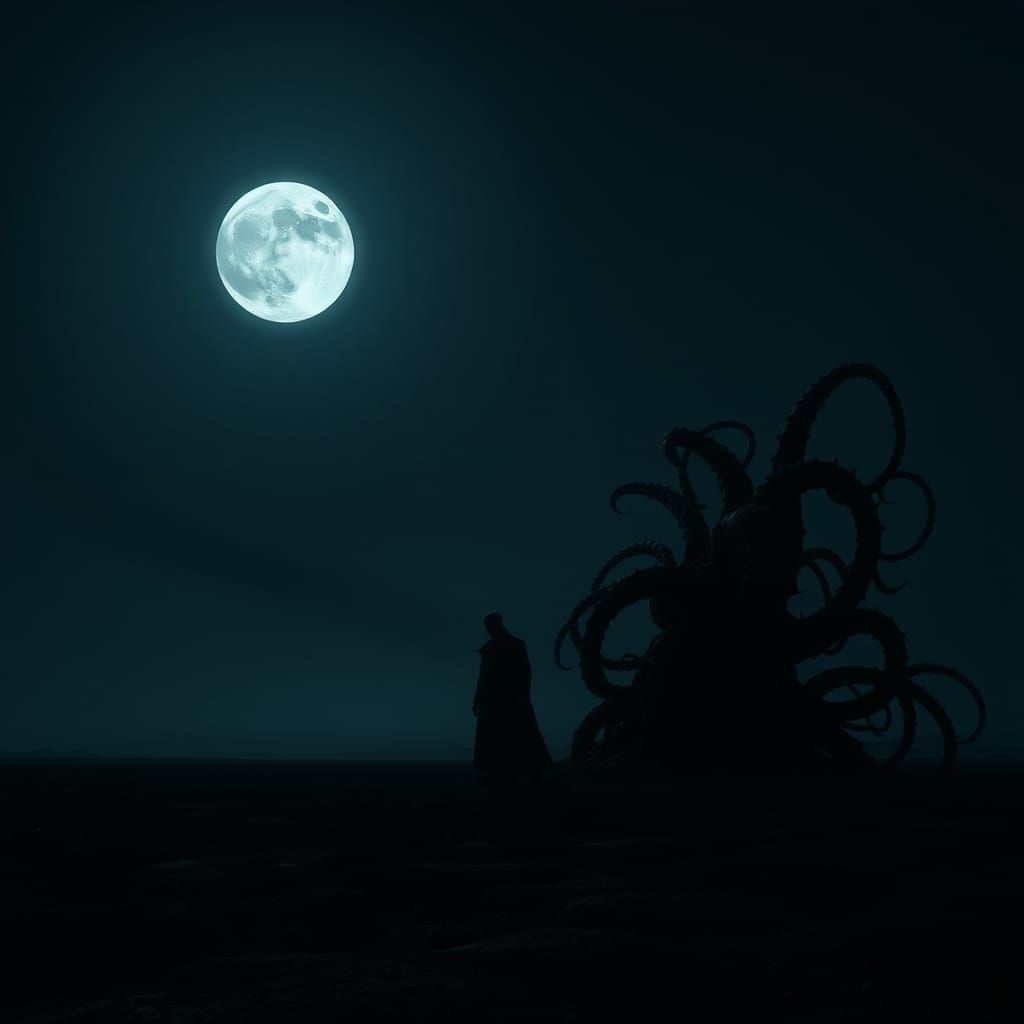 Menacing Figure Under Moonlight in Biomechanical Landscape