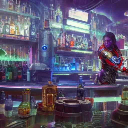 Futuristic Cyborg Bartender in Detailed Digital Art