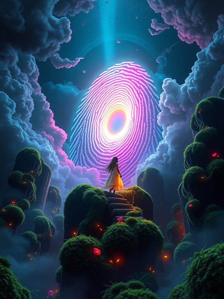 Ethereal Fingerprint Maze in Neon-Lit Dreamscape