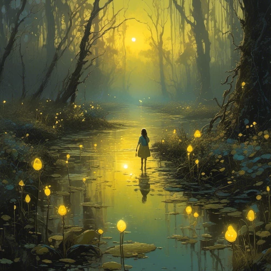 Woman Walks Through Swampland with Eerie Lights