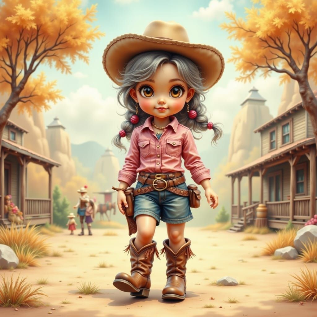 Cute Cowgirl Girl in Pink Plaid and Cowboy Boots