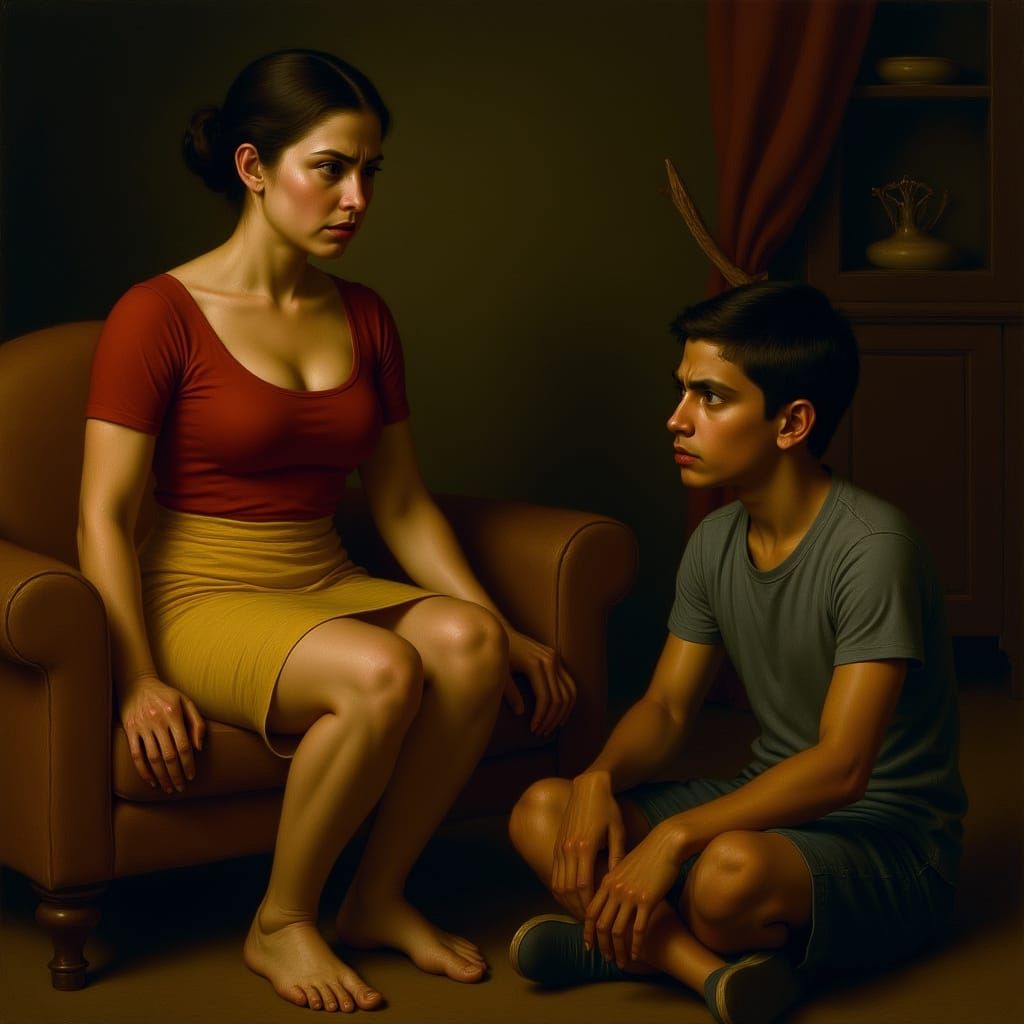 Tense Scene: Indian Woman Admonishing Boy in Rembrandt Style