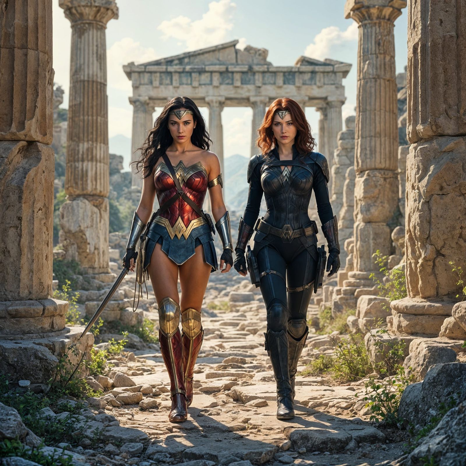 Wonder Woman and Black Widow in Ancient Ruins