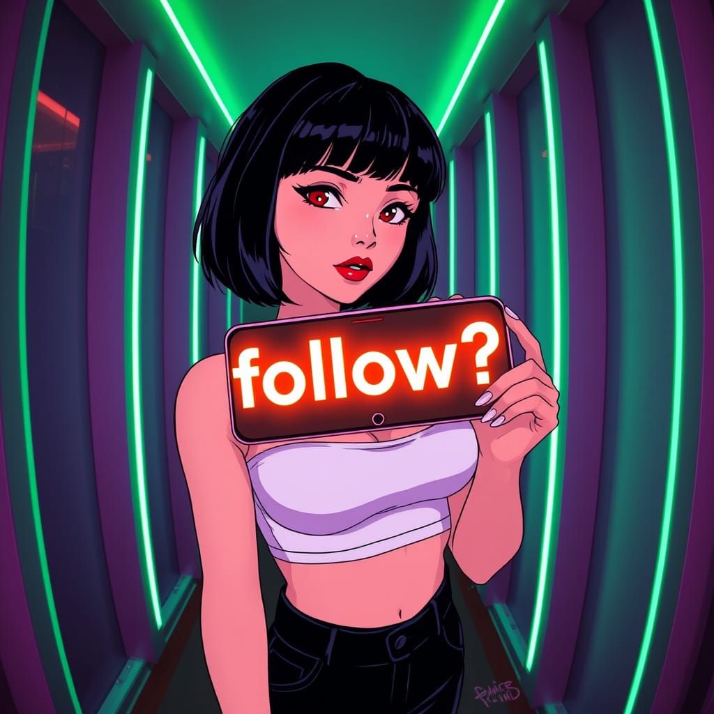 Neon-Lit Synthwave Goddess with Retro-Futuristic Phone