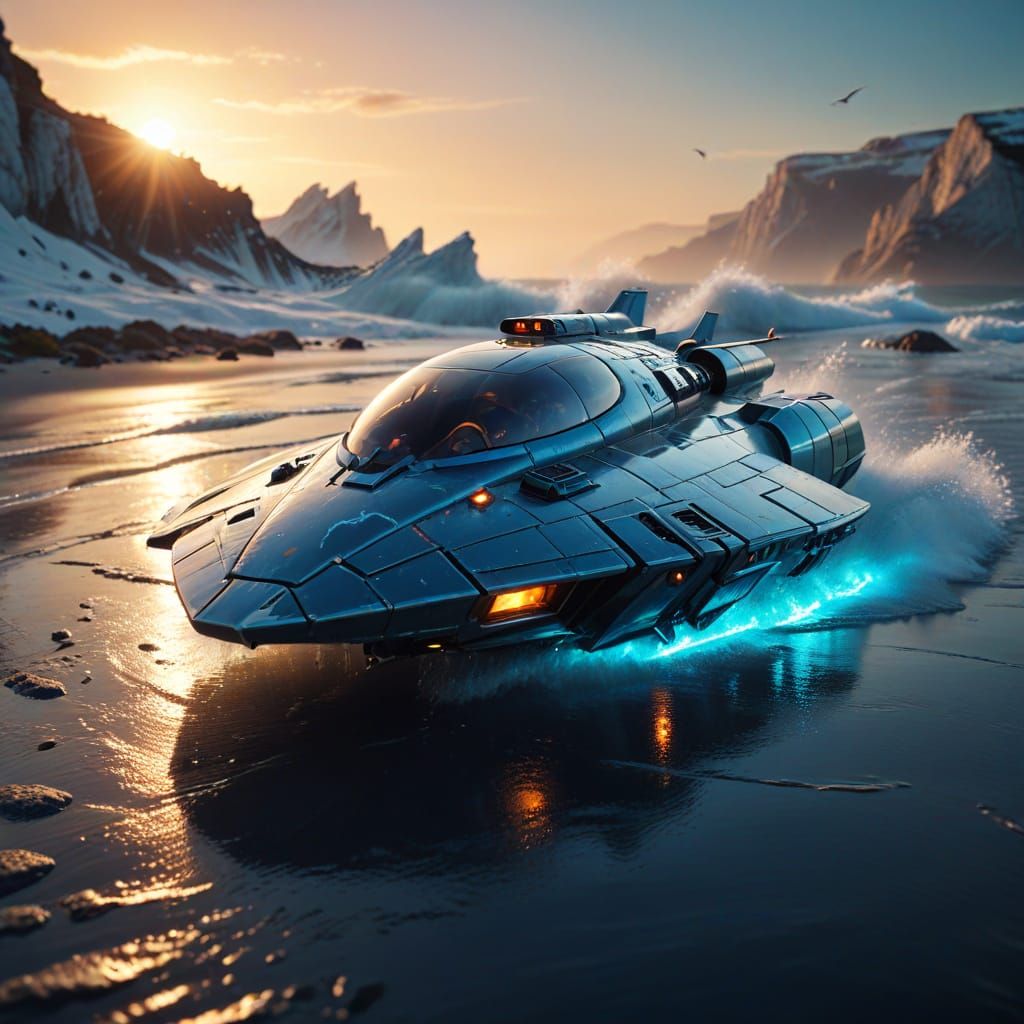 Futuristic Spaceship in Sunset Flight