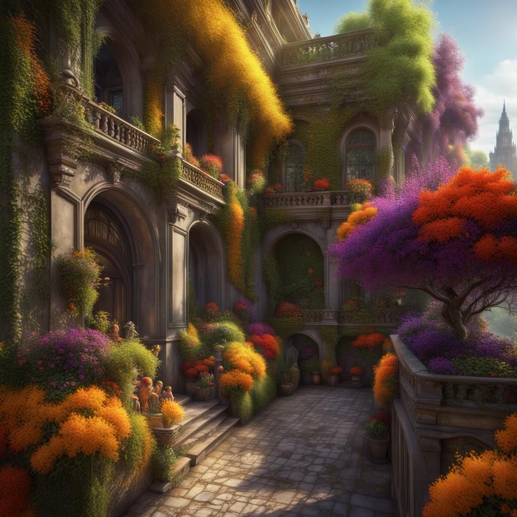 Colorful Urban Garden in Detailed Matte Painting