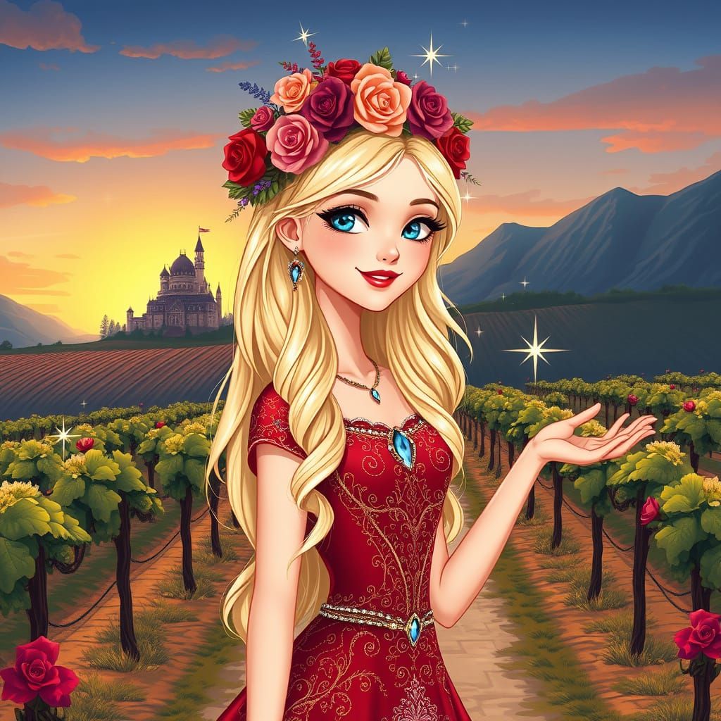 Whimsical Vineyard Goddess in Anime Style