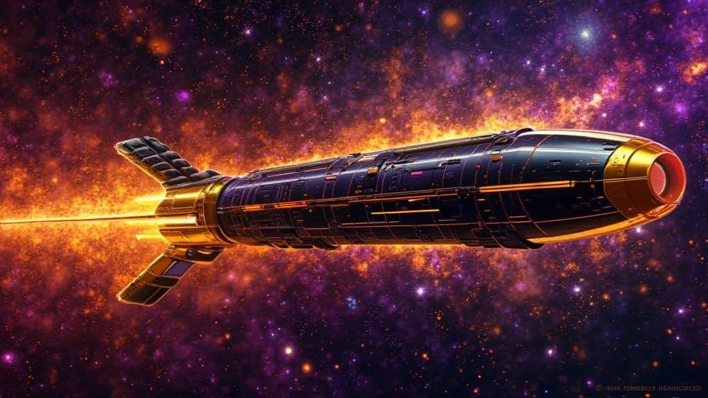 Klimt-Inspired Spaceship Races Through Interstellar Nebula
