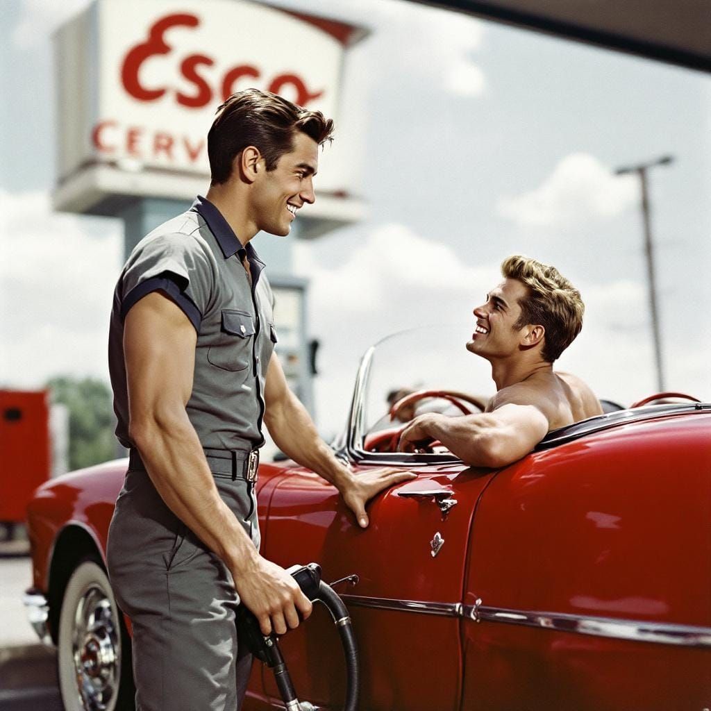 1950s Gas Station Attendant Flirting in Photo