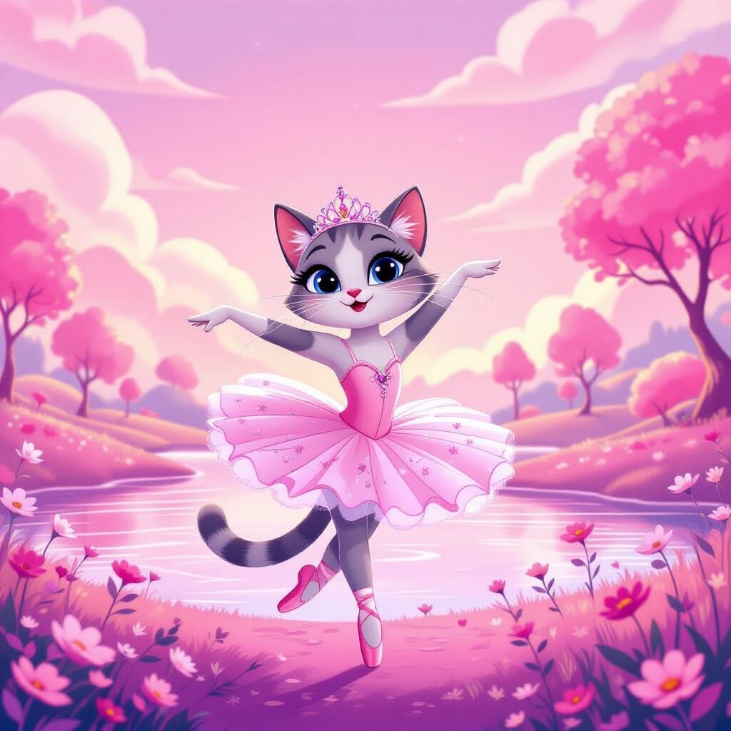Ballerina Cat Dances Through Ethereal Pink Fantasy Land