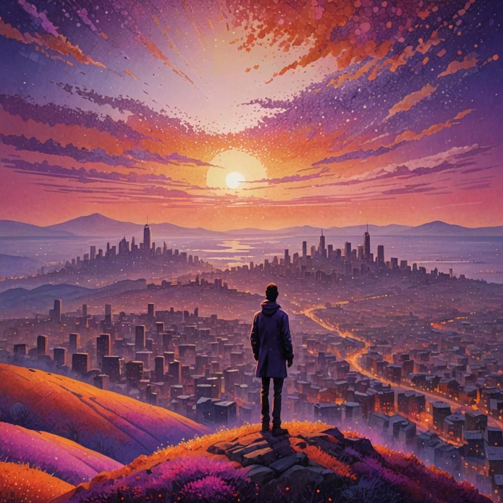 Pointillist Landscape with Figure Gazing at Cityscape